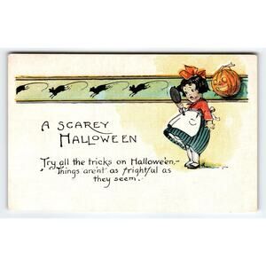 Vintage 1910s Halloween Postcard A Scarey Halloween Lithograph Black Cats JOL